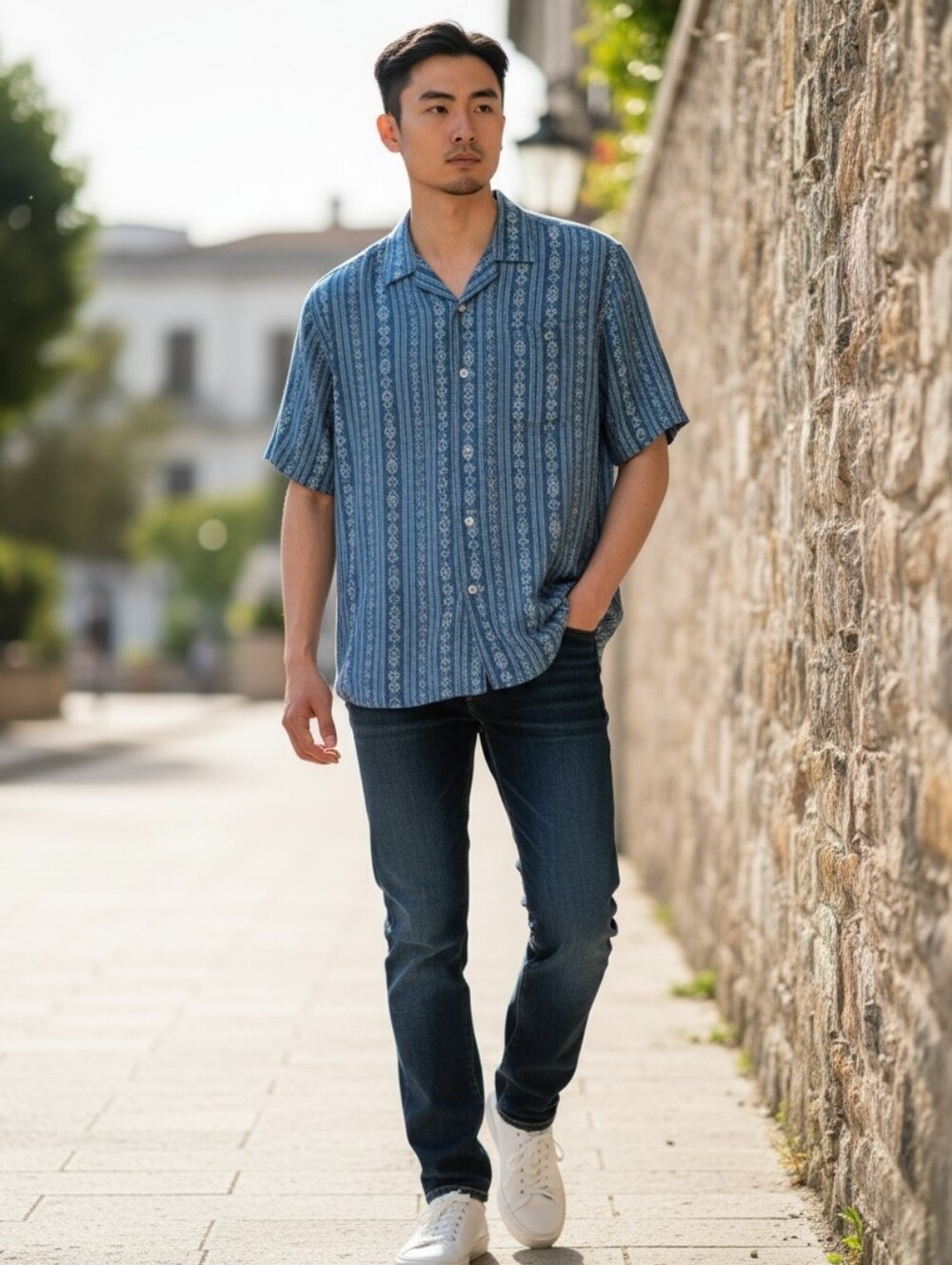 Tommy Bahama blue embroidered silk blend short-sleeve button down - Size Small